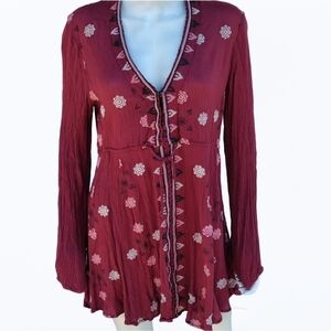 Litchicken Tunic Women‎ L Raspberry Gauze V-Neck Embroidered Long Sleeves Boho